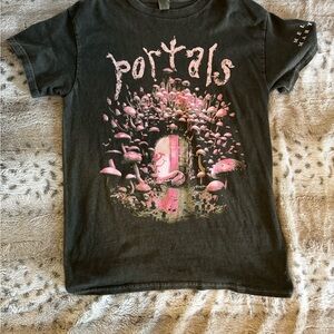 Black Short-Sleeve 'Portals' Graphic Tee with Pink Mushroom Artwork